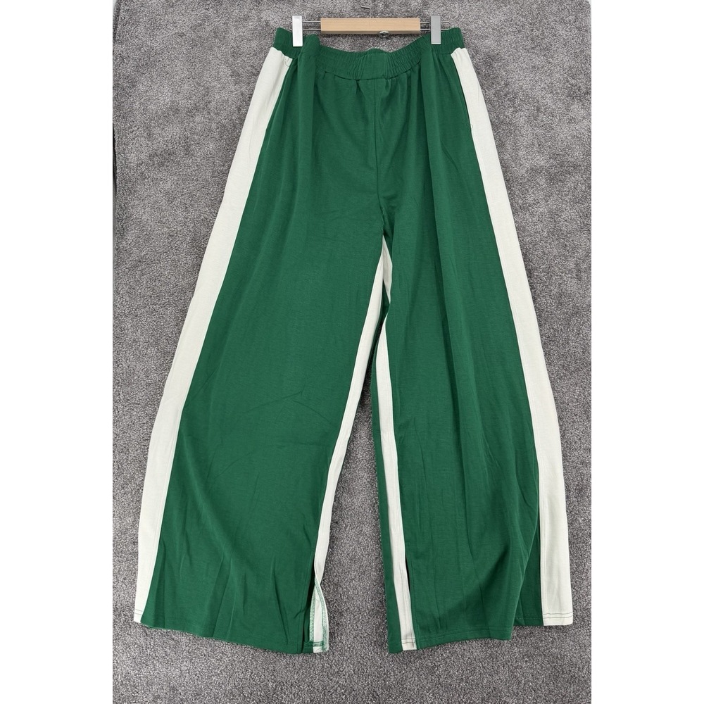 White Birch Green Wide Leg Lounge Pants Cream Side Stripe Plus‎ Size 3X Slit Hem